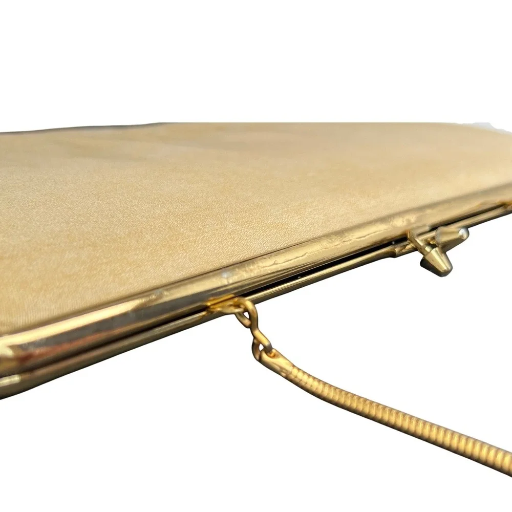 Vintage Style Clutch Champagne Satin Evening Bag Gold Chain Large